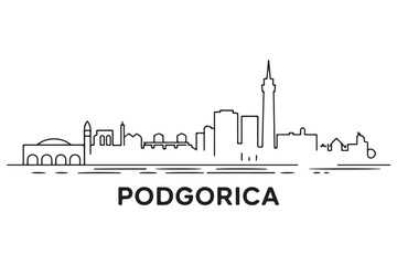 Fototapeta premium Podgorica Line Art skyline horizontal banner. Black and white silhouette of Podgorica, Montenegro. Vector template for your design. with white background