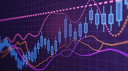 Naklejka premium Stock market data presented with candlestick chart, indicators, and moving averages