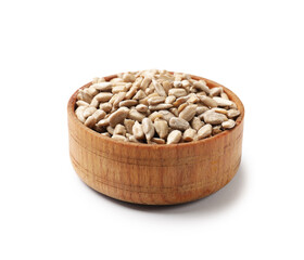 Sunflower seeds in bowl isolated on white