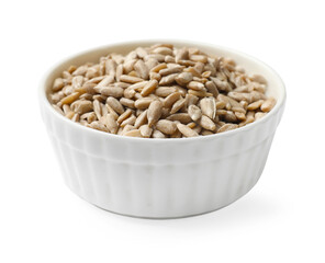 Sunflower seeds in bowl isolated on white
