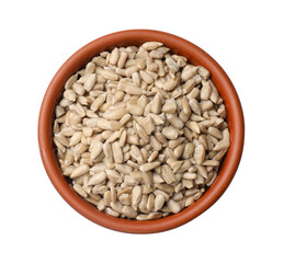 Sunflower seeds in bowl isolated on white, top view