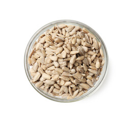 Sunflower seeds in bowl isolated on white, top view