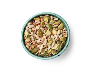 Mix of different seeds in bowl isolated on white, top view