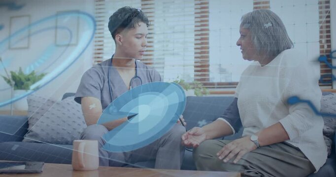 Nurse unwrapping BP cuff on patient's arm, inflating for health monitoring with network symbols