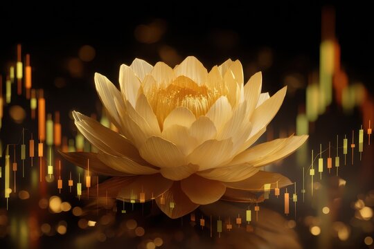 Golden lotus flower basks in soft light with abstract financial candlestick chart overlay, capturing an enchanting blend of nature and finance. Bokeh glow adds depth and allure
