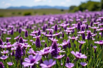 Obraz premium Vast expanse of vibrant purple wildflowers blooming under a clear sky, expansive, landscape, scenic