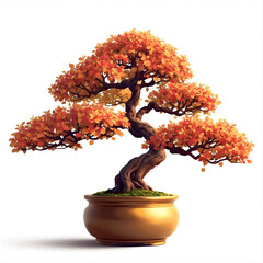 Vibrant autumn bonsai tree with fiery orange foliage in a golden pot, symbolizing nature's beauty and meticulous care.