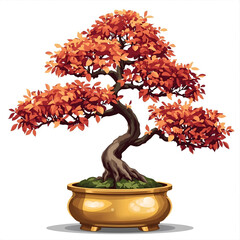 Vibrant autumn bonsai tree with rich orange foliage in a golden pot