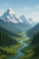 Winding river flowing through a green mountain valley with pine forests and snow covered peaks under a clear blue sky