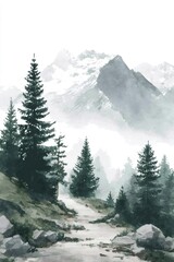 Watercolor painting depicting a serene mountain landscape with evergreen trees, a path, and snowy peaks shrouded in mist