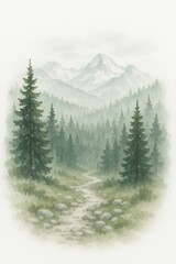Winding path through forest leading to misty mountains, a serene watercolor landscape showing nature and peaceful environment