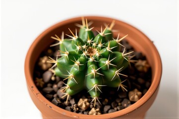 A solitary, plump, green cactus with sharp spines sits in a simple terracotta pot, houseplant, organic