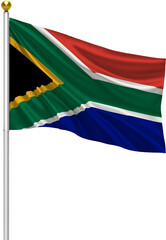 Realistic South Africa Flag Waving on Pole with Silk Fabric Texture, 3D Render Isolated on Transparent Background