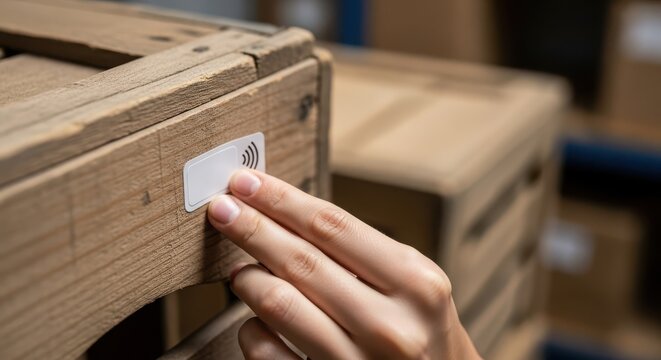 Hand applying rfid tag to wooden crate in warehouse for inventory management and tracking of goods and materials in supply chain