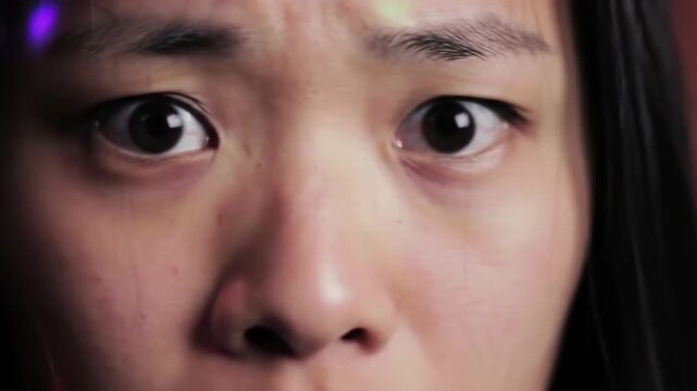 Close-up of a Scared Asian Womans Face in the Dark.