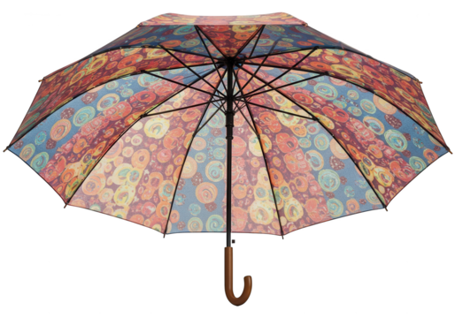 Open umbrella displays a colorful abstract pattern of circles and stripes.