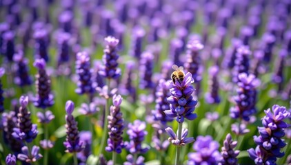 Obraz premium A lone bee gathers pollen from a vibrant lavender bloom amidst a sprawling field of purple lavender flowers, macro, summer, bee