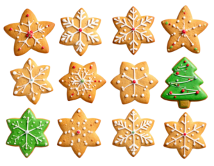  Assorted Christmas Cookies with Stars, Trees, and Snowflakes, isolated on a transparent background