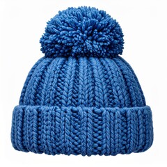 Knitted Blue Wool Hat with Pom Pom Winter Wear Isolated on White