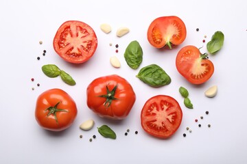 Fototapeta premium Ripe red tomatoes, peppercorns, garlic and basil on white background, flat lay