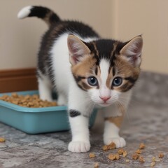A cute kitten trained to use a litter box.