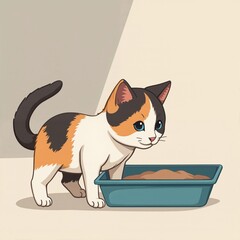 A cute cartoon kitten with a litter box.