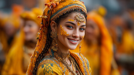 Woman smiling wearing traditional dress and face decorations