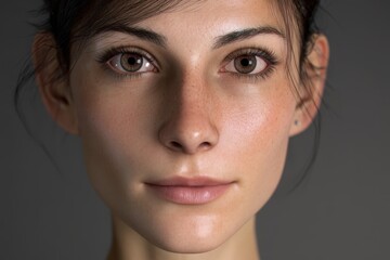 Fototapeta premium Close-up of a person with short dark hair, neutral expression, and brown eyes. The person has clear skin and subtle makeup, with soft lighting enhancing facial features. No text visible