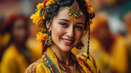 Portrait of a woman with traditional adornments and attire