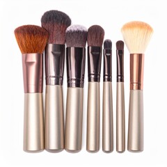 Set of Varied Makeup Brushes with Gold Handles on White Background