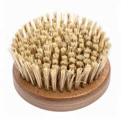 Close Up of a Round Scrub Brush with Wooden Handle on White Background