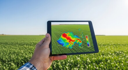 Hand holding tablet with thermal heat map of crop field, showing areas of stress and potential problems in agriculture farm