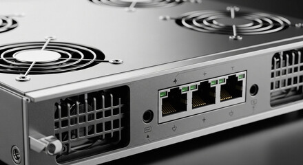 Closeup of Ethernet Ports and Cooling Fans on Network Server Hardware