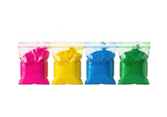 Four bags of vibrant colored powder for holi festival celebration. Four bags of vibrant holi powder isolated on transparent background, each a different color, creating a rainbow