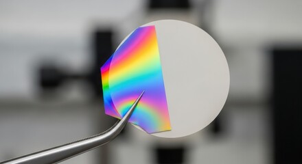 Close up of a thin film of silicon dioxide on a silicon wafer being held by tweezers showing rainbow interference colors