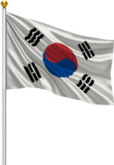 Realistic South Korea Flag Waving on Pole with Silk Fabric Texture, 3D Render Isolated on Transparent Background