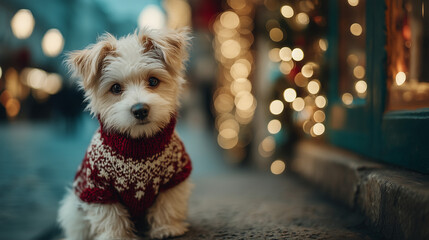A small puppy with a red sweater sitting on the sidewalk cute