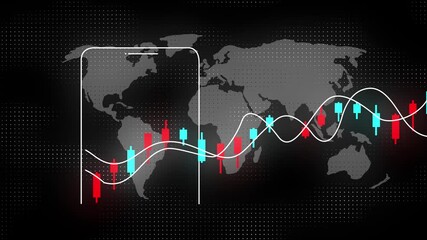 Fluctuating financial market chart with stock price analysis concept. Dynamic Stock Market Data Visualization: Colorful Representation of Financial Trends. Animation of data processing over world map - Powered by Adobe