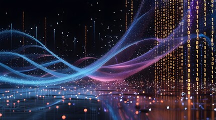 Abstract Digital Data Stream and Wavy Light Trails on a Dark Background