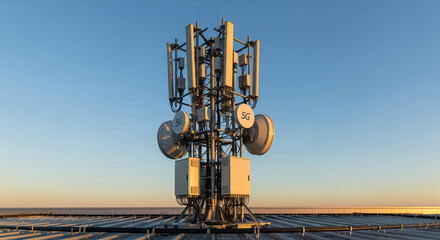 5G Cell Tower Antenna Array on a Rooftop Against Clear Sky at Sunset