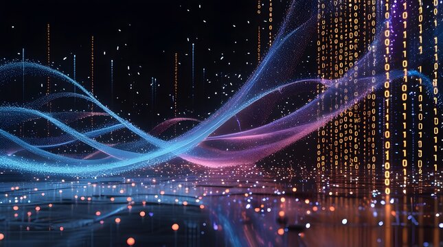 Abstract Digital Data Stream and Wavy Light Trails on a Dark Background - Powered by Adobe