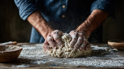 Adult caucasian male kneading dough on wooden surface