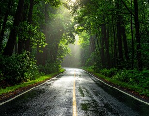 Obraz premium Morning Light on a Forest Road After Rain