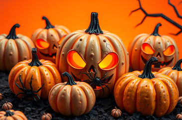 An Eye-Catching New Design for a Happy Halloween Day, Featuring Orange Halloween Pumpkins with a Smile and Scary Expression set against a Vibrant Orange Backdrop.