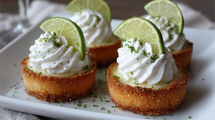 Key lime tarts with whipped cream and lime slices on white plate