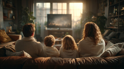 Family watching television together in a cozy living room setting