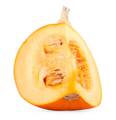 Piece of ripe pumpkin with seeds isolated on white