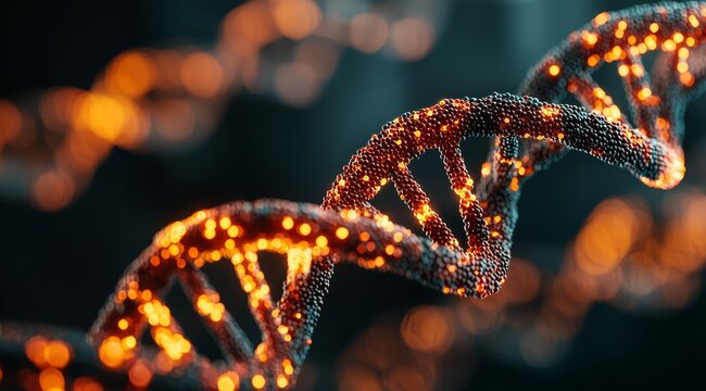 Close up of a DNA strand with glowing spots. Concept of mystery and wonder. The image also evokes a sense of awe