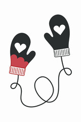 Cute Red Heart Pattern Mittens Connected by String Forming Heart Shape Isolated