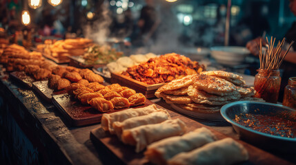 Variety of asian street food displayed on wooden platters